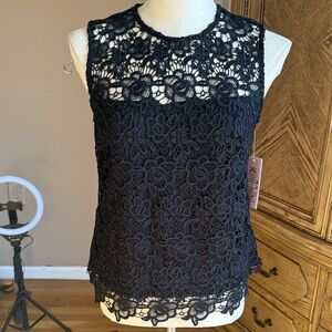 Nanette Lepore black lace top with gold tone long zipper on back